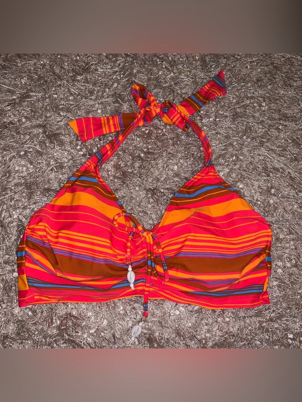 wild fable Striped Halter Bikini Top in Red, Orange, Brown, Blue w/ shell detail